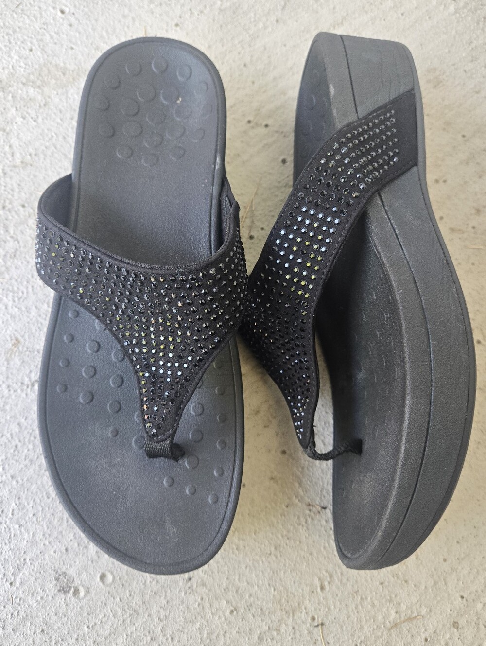 Vionic Black Rhinestone Wedge Thong Sandals